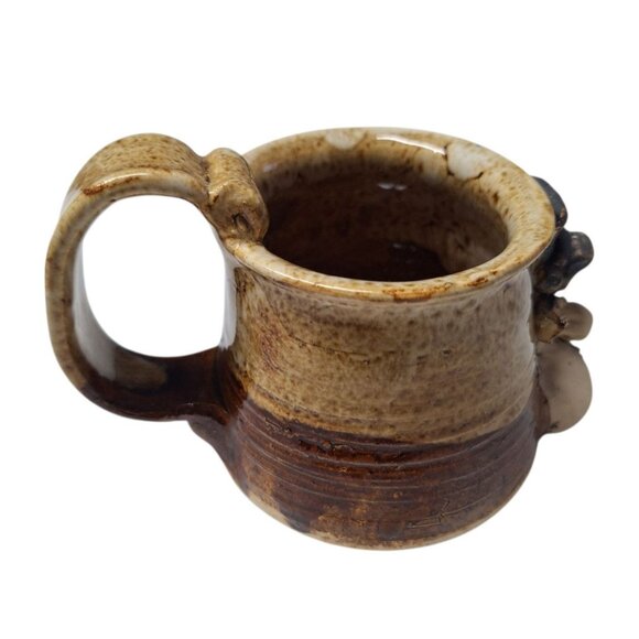 Handmade Face Mug Pottery Cup Clay Folk Art Hillbilly Brown Glaze Signed Tea - Picture 5 of 9